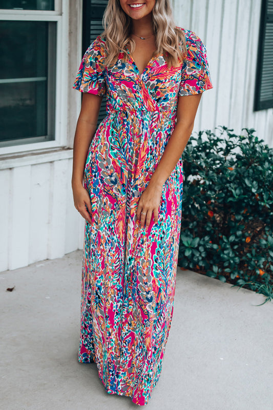 Abstract Print Wrap V Neck Flutter Sleeve Mid Length Summer Dress