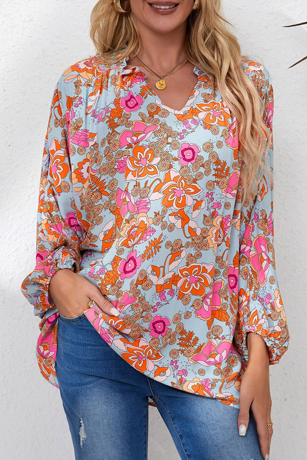 Sky Blue Floral Print Loose Fit Ruched V Neck Blouse